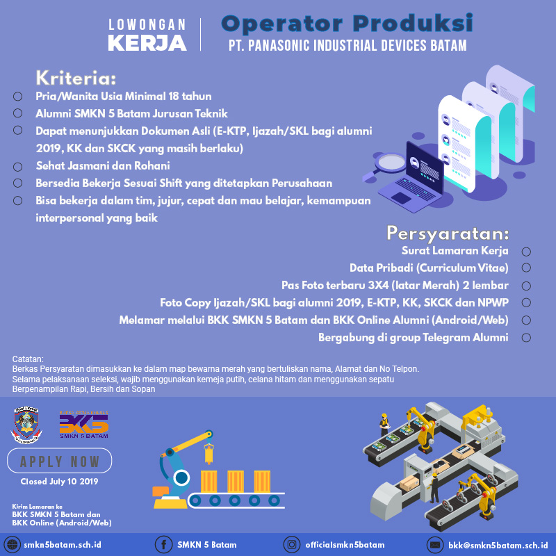 Lowongan Kerja Operator Produksi Pt Panasonic Smk Negeri 5 Batam
