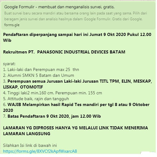 Gambar utama Perpanjangan Pendaftaran  Recruitmen PT. Panasonic Industrial Devices Batam