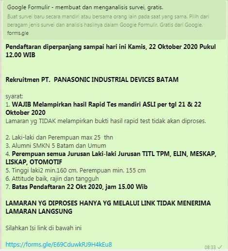 Gambar utama Pendaftaran Rekruitmen PT.  Panasonic Industrial Devices Batam di Perpanjang