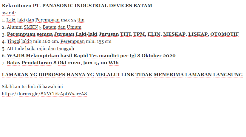 Gambar utama Link Pendaftaran Rekruitmen PT.  PANASONIC INDUSTRIAL DEVICES BATAM