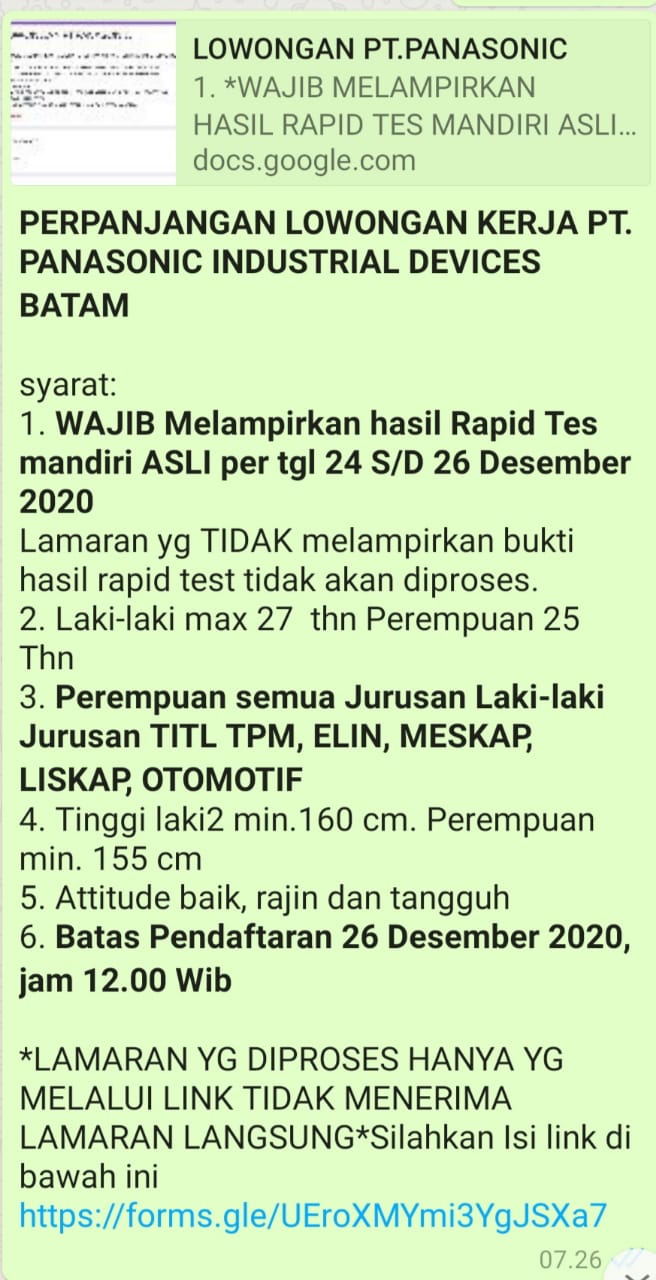 Gambar utama PERPANJANGAN LOWONGAN KERJA PT. PANASONIC INDUSTRIAL DEVICES BATAM