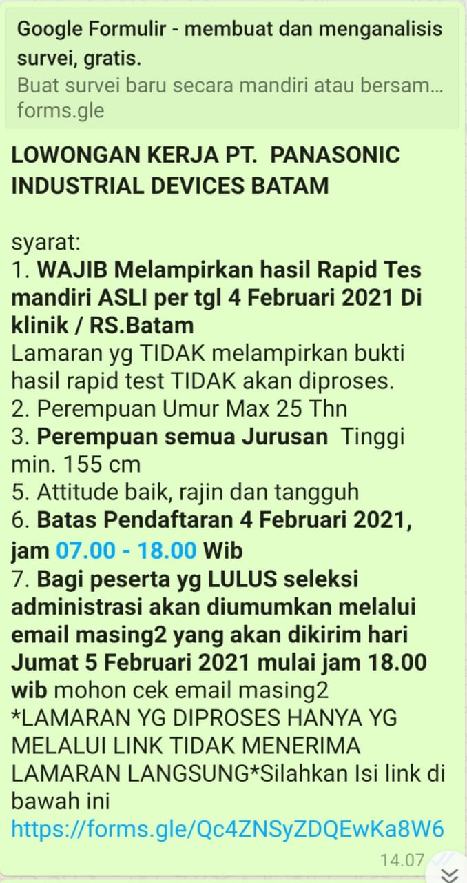 Gambar utama LOWONGAN KERJA PT. PANASONIC INDUSTRIAL DEVICES BATAM