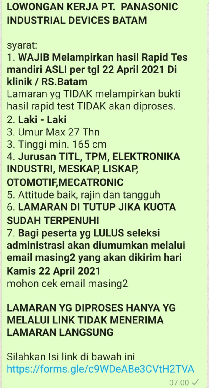 Gambar utama LOWONGAN KERJA PT. PANASONIC INDUSTRIAL DEVICES BATAM