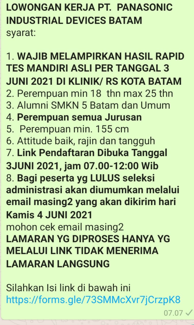 Gambar utama LOWONGAN KERJA PT. PANASONIC INDUSTRIAL DEVICES BATAM BACTH 23